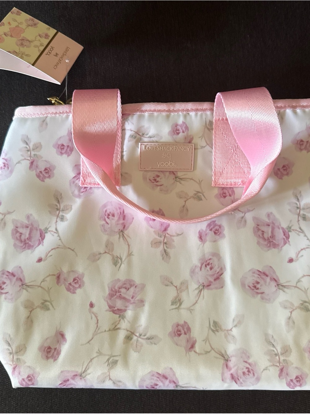 LoveShackFancy Cream and Pink Rose Print Tote